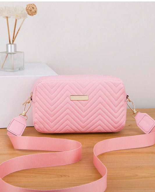 1pc Pink Striped Quilted Solid Color Crossbody Bag For Women, Fashionable Versatile Shoulder/Diagonal Camera Bag With Gold Metal Decor